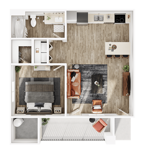 Floor plan for 1 bed, 1 bath, 881 sqft